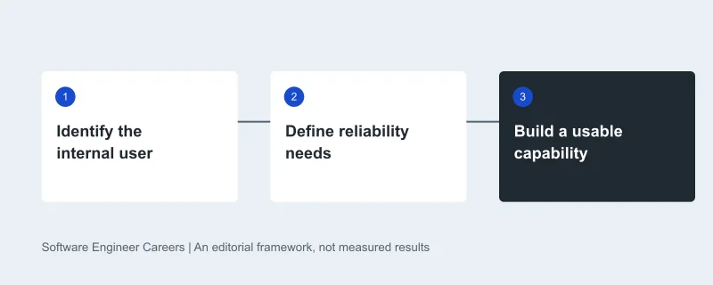 Learning sequence: Identify the internal user, then Define reliability needs, then Build a usable capability. Original editorial diagram.