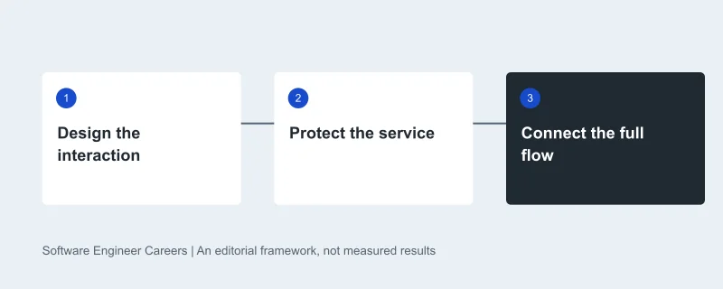 Learning sequence: Design the interaction, then Protect the service, then Connect the full flow. Original editorial diagram.