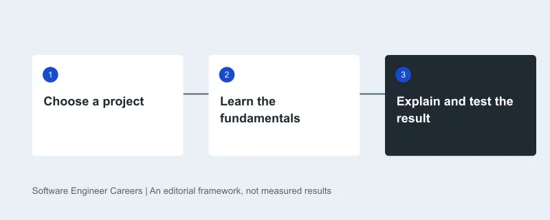 Learning sequence: Choose a project, then Learn the fundamentals, then Explain and test the result. Original editorial diagram.