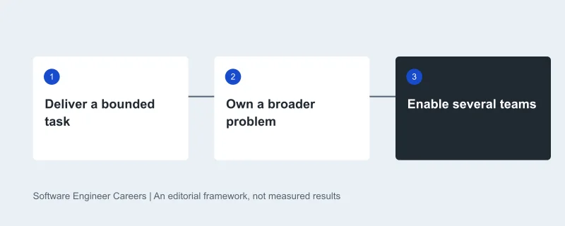 Learning sequence: Deliver a bounded task, then Own a broader problem, then Enable several teams. Original editorial diagram.