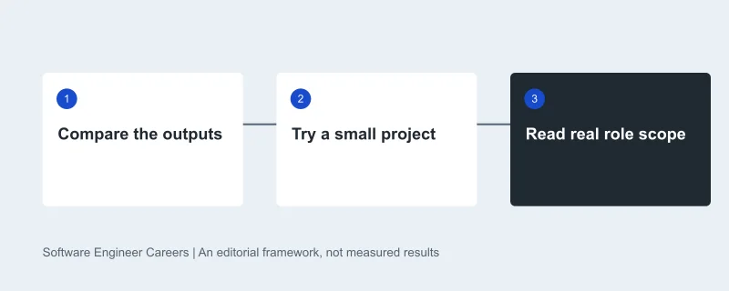 Learning sequence: Compare the outputs, then Try a small project, then Read real role scope. Original editorial diagram.