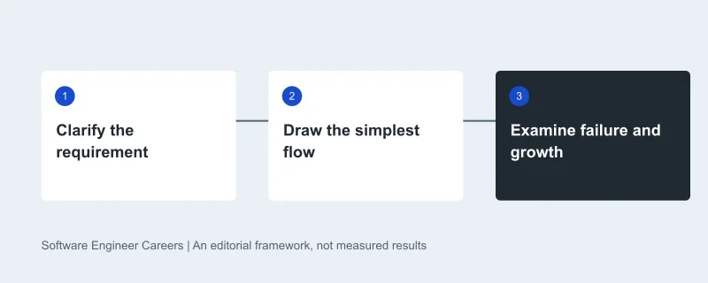 Learning sequence: Clarify the requirement, then Draw the simplest flow, then Examine failure and growth. Original editorial diagram.